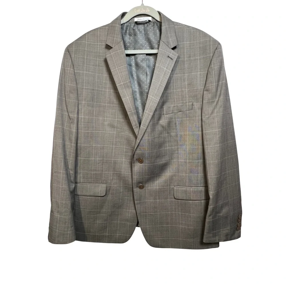 Collection by Michael Strahan Mens Wool Blend Windowpane Plaid Blazer Brown